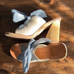 Women's Cream and Blue Heeled Sandals with Ribbon